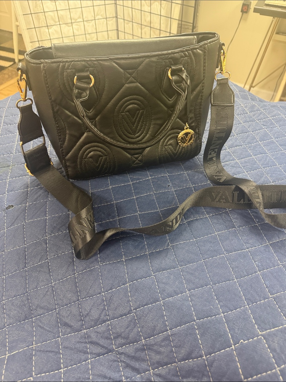 Valentino Orlandi Black Quilted Shoulder Tote with Gold Charm